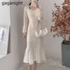 Весна осень тонкий элегантный сетка кружева русалка Vestidos французская фея платье A-line твердые оборками V-образным вырезом Корейская мода 210601