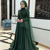 어두운 녹색 이슬람 이브닝 드레스 주요 구슬 터키어 이브닝 가운 높은 목 긴 소매 Peplum 모로코 Kaftan 공식 드레스