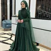 Donkergroene moslim avondjurken grote kralen Turkse avondjurken hoge hals lange mouw peplum Marokkaanse kaftan formele jurk