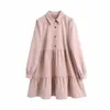 Za Corduroy Chemise Robe Femmes À Manches Longues Collier De Revers Vintage Bureau Lâche Mini Robes Femme Hiver Plissé Rose Robes 210602