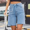 Solid Knapp Fluga Raw Hem Denim Shorts Kvinnor Sommar Fashion Street Style Hög midja Straight Jean med kedja 210510