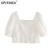 Vrouwen zoete mode borduurwerk gegolfd bijgesneden blouses bladerdeeg mouw rug elastische vrouwelijke shirts chique tops 210420