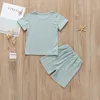 Zomer Kinderen Sets Casual Korte Mouw O Hals Print Trein T-shirt Groene Solid Shorts 2 stks Meisje Jongens Kleding 9M-5T 210629