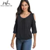 Nice-Forever Casual Cold Shoulder med O Neckline Solid Färg T-shirts Kvinnor Vårt Toppar T045 210419