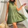 Stand Collar Frill Trim Solid Mini Dresses Summer Loose Casual Women Sleeveless High Low Dress Vestidos Clothing 210510