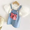 Yaz Kızların Takım Elbise Ilmek Kot kemerli elbise Bebek Moda Puf Kollu Gömlek Tatlı Set çocuk bebek giysileri Kız Elbiseleri