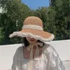 Women Fashion Summer Straw Hat Vintage Outdoor Sun Protection Cap Solid Color Breathable Caps Lace Bandage Wide Brim Hats