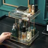 Cajas de almacenamiento Papeles Caja de cosmética giratoria de 360 ​​grados Anti-Fall Glass Capas Doble Capas Organizador de maquillaje Cosméticos de escritorio