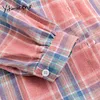 Yitimuceng Plaid Bluzka Kobiety Office Lady Red Blue Button Up Shirts Moda Z Długim Rękawem Odzież Casual Kieszonkowe Topy Wiosna 210601