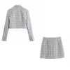 BBWM ZA 2 Pieces Women Blazer+Skirt Set Vintage Plaid Printed Notched Jacket Coats+Skirt Long Sleeve Short Outerwear 210520