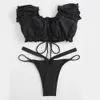 Sexig frillad trim Bardot Bandeau bikini Svart baddräkt Kvinna Kvinnor Badkläder Tvådelar Set Lace Up Bather Bating Suit 210520