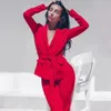 Women's Suit Pants 2 Two-piece Elegant Long Sleeve Lapel Lace-up Jacket & Flared White Red Slim Set 210524