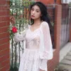Letnie kobiety przyjęcie z długim rękawem vintage sexy biały koronki maxi sukienka wakacyjne ubrania 210415
