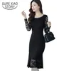 elegante moda mulheres pacote vestido de quadril manga comprida preto laço magro fishtail sexy d118 30 210506