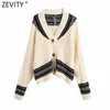 Zevity Women Vintage Contrast Colour Patchwork Jacquard Maglione lavorato a maglia Donna Chic manica lunga Cardigan petto Top S567 210603