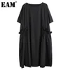 [EAM] Women Black Big Size Pleated Ruffle Dress Round Neck Short Sleeve Loose Fit Fashion Spring Summer 1DD7477 21512