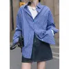 casual daily wear long sleeve pocke striped blue loose shirt women blouse tops spring summer ropa de mujer fashion chic 210421