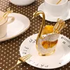 Guld Sliver Lyx metall Kaffe efterrätt Sked Set Swan Base Holder med 6st Glass Skedar Gafflar Teskedar Socker Salad Pature Suit