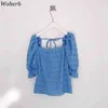 Chemisier à lacets sans dos femmes coréen Chic carré Collier Square Sleeve Mesdames Shirts Mode Été Plissé Top Blusas 210519