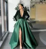 Fashion NEW!!! 2022 Dark Green Elegant Evening Dresses With Long Sleeve Dubai Arabic Sequins Satin Prom Gowns Party Dress Deep V-Neck High Split