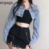 Ezgaga Jean Jacket Women Long Sleeve Extra Short Patchwork Pocket Single Breasted Female Denim Tops Clothes Casual Streetwear 210430