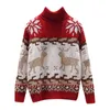 Moda europea, suéter y jerséis de invierno para mujer, cuello alto, manga larga, estampado de ciervos, suéter de punto navideño, jerséis 210604
