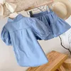 Girls Clothes Set Fashion Summer Puff- Sleeve Top +Denim Skirt 2Pcs Sweet Toddler Kids 210611