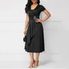 Plus Size Kobiety Krótki Rękaw V Neck Asymetryczny Hem Talii Tight Midi Party Dress Vintage Eleganckie Dresses Casual