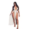 Sexy Ladies Maxi Dress Asymmetrical Split High Waist Deep V Beachwear Lace Hollow Out Plunge Party Dresses Summer Fashion Solid White