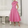 Customized Tea Length Mother's Dresses with Bow Tie High Collar Short Sleeve Formal Gowns A Line Satin Vestido De Fiesta