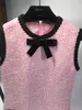 2021 Herfst Roze Tweed Korte Vrouwen Jurk Designer Bow Mouwloos een Lijn Jurken Womens Luxe Zakken Vestidos de Festa 81813