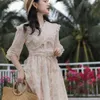 Yosimi Summer Vintage Beige Chiffon och Mesh Long Women Dress Half Sleeve Mid-Calf Fairy Evening Party 210604