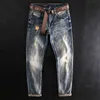 Italian Style Fashion Men Jeans Retro Blue Elastic Slim Ripped Patchwork Vintage Designer Casual Cotton Denim Pants