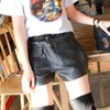 Damen Echtleder Shorts mit großen Taschen Lässige elastische Taille breites Bein kurze Hose Schaffell Damen Braun Grün Streetwear Damen