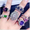Light Luxury Crystal Zircon Stone Rings Real Gold Plate Colorful Zirconia Finger Heavy Industry Micro Pave S925 Silver Gemstone Jewelry
