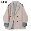 [Eam] Femmes Kaki Plaid Denim Grand Taille Blazer Vapel À manches longues Fit Fit Fit Fashion Spring Automne 1x214 211112