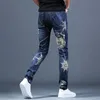 Stylish High Quality Mens Elastic Washed Denim Printed Jeans, Light Luxury Slim-fit Casual Jeans,Young Boys Must; 211011