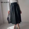 REALEFT Autumn Winter PU Faxu Leather Vintage Women's Mi-long Skirts High Waist Umbrella A-Line Black Skirts Female 211120