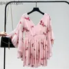 Gaganight Summer Sweet Bandage Flowers Embroidery Dress Women Pink Long Butterfly Sleeve V-neck Dress Vintage Sexy Party Dresses 210519