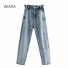 Wixra Casual Kvinnor Denim Byxor Hög Elastiska Midjafickor Vintage Byxor Ladies Streetwear Solid Mom Jeans 210915