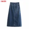 Mode Frauen Dunkelblau Denim Langen Rock Faldas Mujer Vintage Damen Elegante Chic Mittlere Waden Röcke 4M121 210416