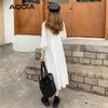 Moda da Primavera Japão JK Mulheres Dress Sailor Collar Button Up Long White Sleeve Bow Império Plus Size Senhoras Robe 210521