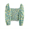 Impressão floral elegante blusas de colheita de moda manga bolinho de volta elástico camisas blusas streetwear mulheres chique tops 210430
