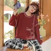 Herfst Winter Nachtkleding 2 Stuk / Sets voor Dames Katoen Plaid Pyjama Turn-Down Kraag Lange Mouw Homewar Groot Afmeting Vrouw 210330