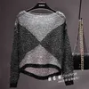 Qooth Women Sequined Stick Toppar Lång Batwing Sleeve Big O-Neck Blus Sequined Bling Loose Pullover Stickad skjorta Femme QH2160 210518