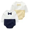 Spring Autumn Baby Boy Girl Rompers Kids Pure Color Gentleman born Clothes 210429