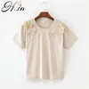 Kvinnor Sommar Kortärmad Broderi Applikationer Beaded Blommor Snygga Toppar Och Tees Kvinnor T-shirts Mujer Casual Tee 210430