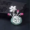 925 Sterling Silber Aventurin Jade Lotus Blume Blatt Frosch Brosche Weibliche Intarsien Perle Für Frauen Pullover Mantel Zubehör