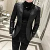 Solid Black Slim Fit Blazer Hombre PU Leather Jacket Men One Button Business Casual Prom Blazers For Korean Suit Coat 210904