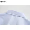 ライトブルーの縞模様の結び付きポプリンブラウスシャツ女性長袖ラペルカラーストリートウェア夏のシャツファッションの化学フェムミ210514